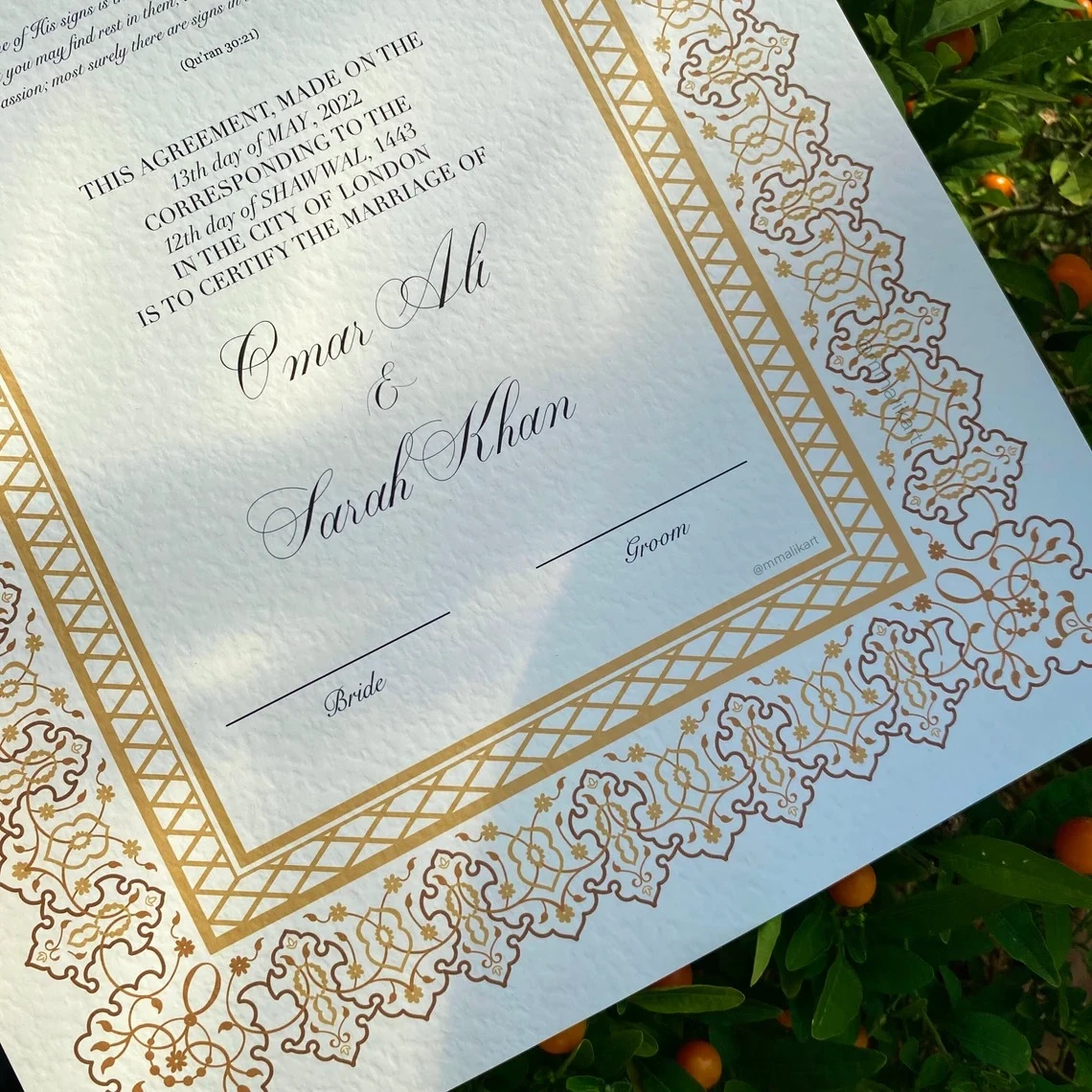 Nikkah Certificate A3 | Customizable Islamic Wedding Contract | Personalised Nikkah Nama with Quran Verse and Names | All Sizes & Colors Available | Perfect for Muslim Marriages